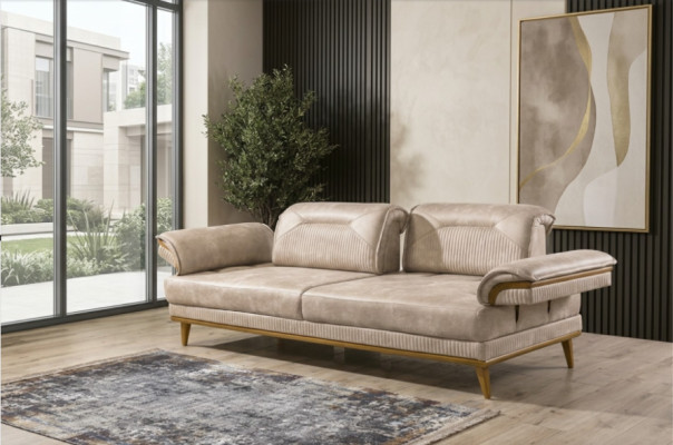 Designer Beiger 3-Sitzer Wohnzimmer Sitzcouch Luxuriöse Textil Sitzmöbel