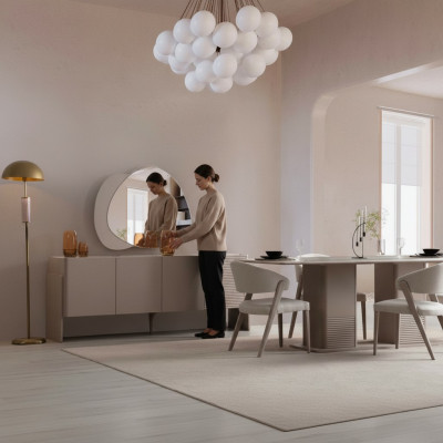 Luxuriöses Beiges Esszimmer Set Holztisch 4x Polsterstühle Anrichte 6tlg