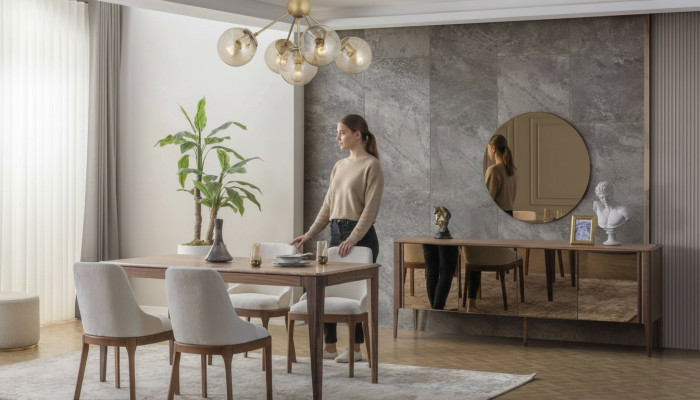 Luxuriöse Esszimmer Garnitur Recheckiger Esstisch 6x Textilstühle 9tlg