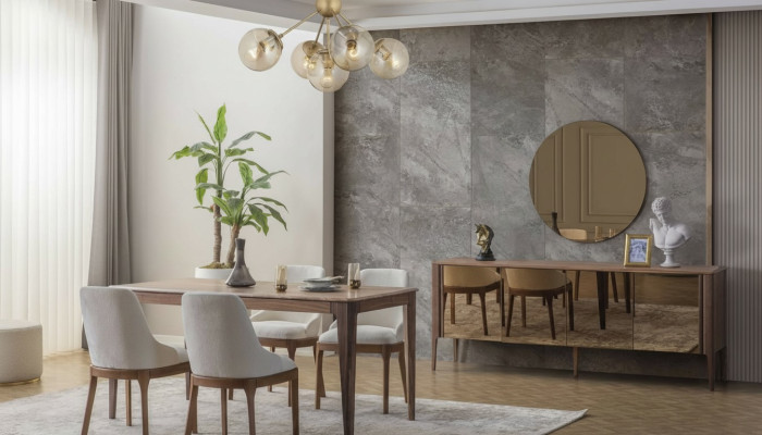Luxuriöse Esszimmer Garnitur Recheckiger Esstisch 6x Textilstühle 9tlg