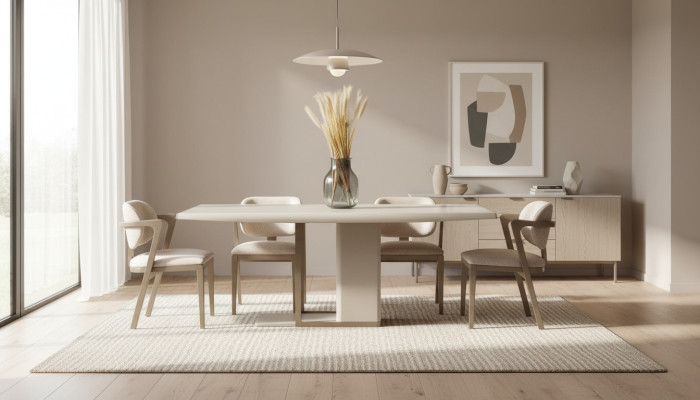 Weiß-Beige Esszimmer Möbwl Rechteckiger Esstisch Mit 6x Stühlen 7 tlg