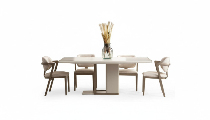 Weiß-Beige Esszimmer Möbwl Rechteckiger Esstisch Mit 6x Stühlen 7 tlg