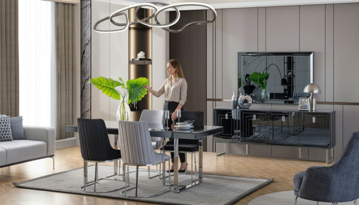 Moderne Esszimmer Möbel Holzesstisch 4x Textilstühle Anrichte Spiegel