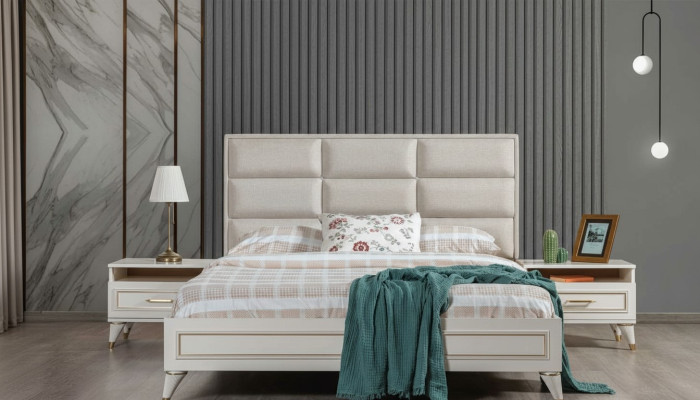 Weiße Schlafzimmer Garnitur Polster Doppelbett 2x Holz Nachttische 3tlg