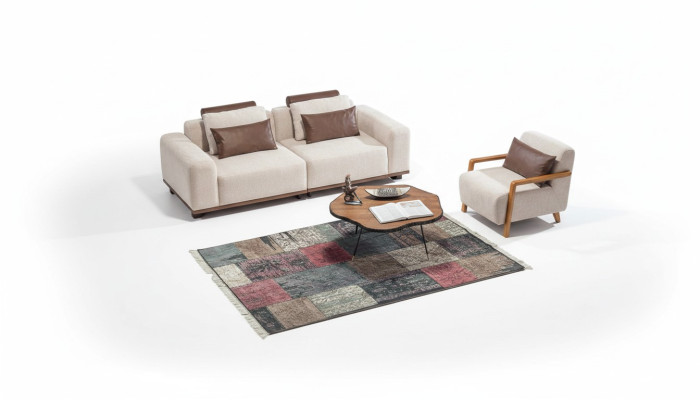 Beiges Wohnzimmer Sofaset Exklusiver 2-Sitzer Textilsessel Polster Möbel