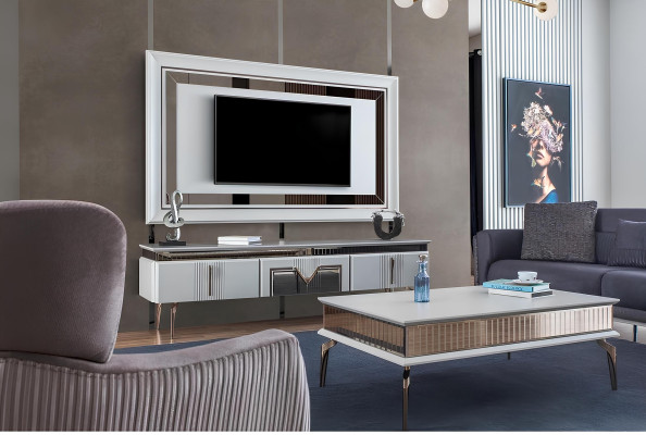 Designer Wohnzimmer Set 4tlg. Polstersofa TV Ständer Couchtisch Tische