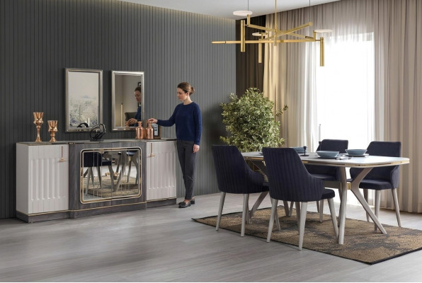 Luxus Esszimmer Set Esstisch + 6x Stühle + Sideboard mit 2x Spiegel Neu Set