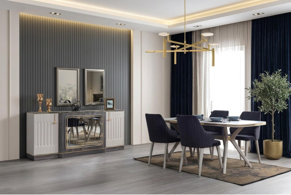 Luxus Esszimmer Set Esstisch + 6x Stühle + Sideboard mit 2x Spiegel Neu Set