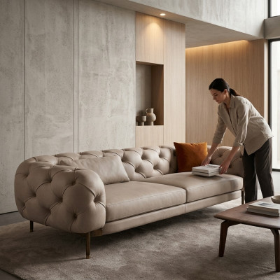 Sofa 3 Sitzer luxuriöse Beige Polster Sofas Design Kunstleder neu Modern