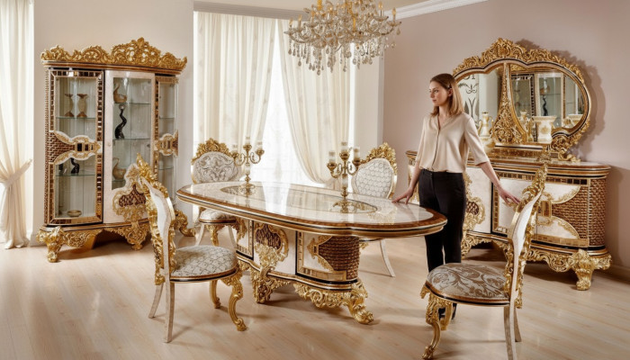 Luxus Weiße Klassisches Esszimmer Garnitur Esstisch 6x Stühle Kommode