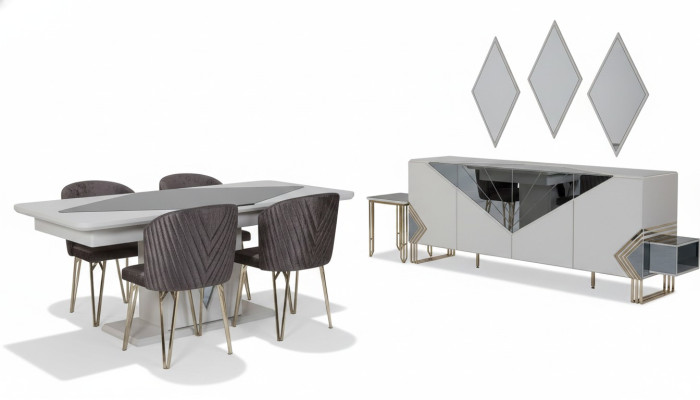 Luxuriöse Esszimmer Garnitur Designer Esstisch x4 Stühle Kommode Spiegel
