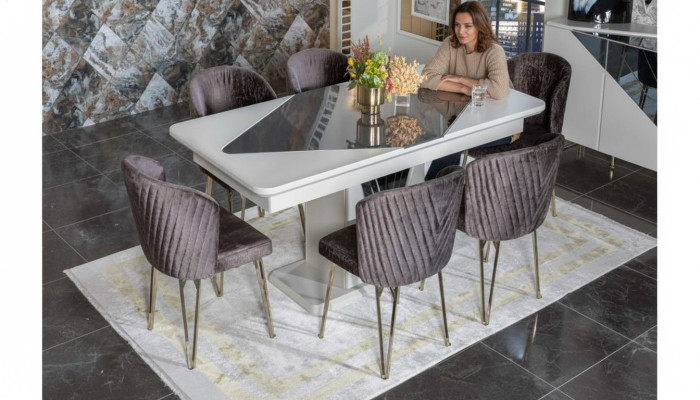 Designer Weißer Esstisch x6 Dunkel-Lila Textil Stühle Esszimmer Garnitur