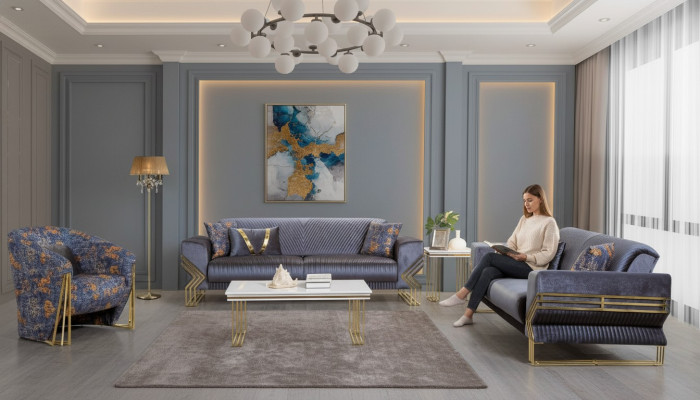 Hellblaues Wohnzimmer Set Designer 3-Sitzer Luxuriöser Sessel Couchtisch
