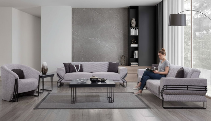 Hellgraue Sofagarnitur Moderne x2 Polstersofas Designer Sessel Tische