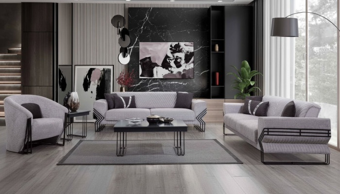 Hellgraue Sofagarnitur Moderne x2 Polstersofas Designer Sessel Tische