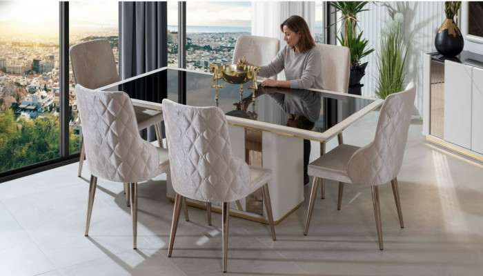 Exklusive Esszimmer Garnitur Edler Glastisch Designer Polsterstühle 7tlg