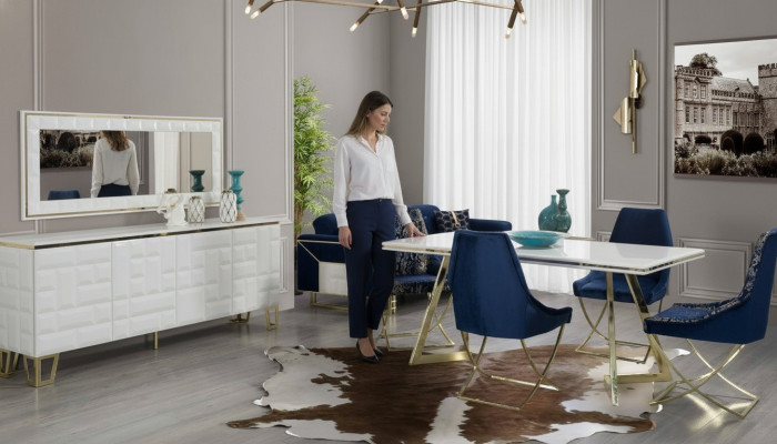 Exklusive Weiße Esszimmer Garnitur Luxuriöser Esstisch x4 Stühle 7tlg