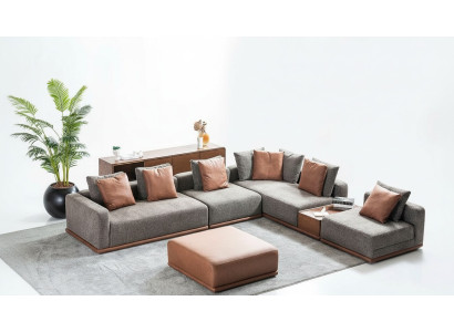Designer Graue L-Form Couch Wohnzimmer Eck Wohnlandschaft Hocker 2tlg