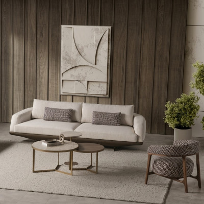 Wohnzimmer Sitzgarnitur Graues L-Form Sofa Brauner Hocker Luxus Möbel