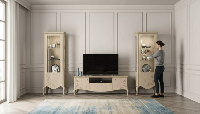 Wohnzimmer rtv Vitrine Anrichte Regal Luxus Wohn Zimmer Beige Set 3tlg.