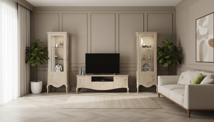 Wohnzimmer rtv Vitrine Anrichte Regal Luxus Wohn Zimmer Beige Set 3tlg.