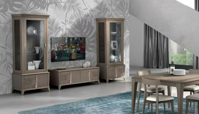 Wohnwand Klassische TV-Ständer Wohnzimmer Vitrine Sideboard Grau 3tlg.