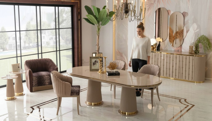 Luxus Esszimmer Set Essgruppe Esstisch 4x Stühle Sideboard mit 2x Spiegel