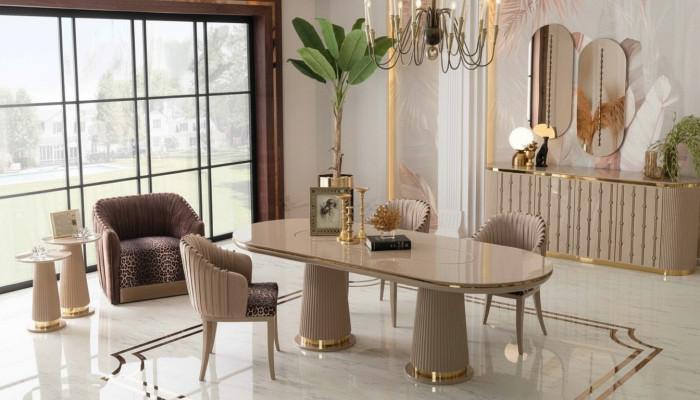 Luxus Esszimmer Set Essgruppe Esstisch 4x Stühle Sideboard mit 2x Spiegel