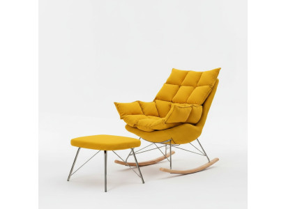 Sessel mit Hocker Design Luxus Textil Sitz Garnitur Wohnzimmer Gelb