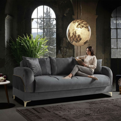 Graue Dreisitzer Couch Polster Möbel Couchen Stoff Sofas Textil mit Kissen