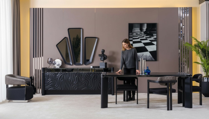 Schwarzes Esszimmer Set Esstisch 6xSühle Sideboard 3x Spiegel Essgruppe Luxus