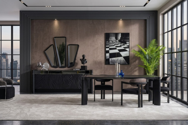 Schwarzes Esszimmer Set Esstisch 6xSühle Sideboard 3x Spiegel Essgruppe Luxus