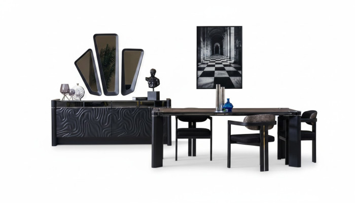 Schwarzes Esszimmer Set Esstisch 6xSühle Sideboard 3x Spiegel Essgruppe Luxus