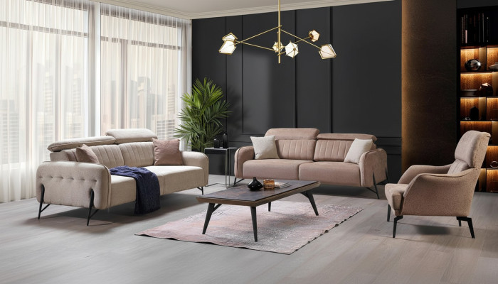 Beige Wohnzimmer Sofagarnitur Designer 2x Stoffsessel 3-Sitzer 3tlg.