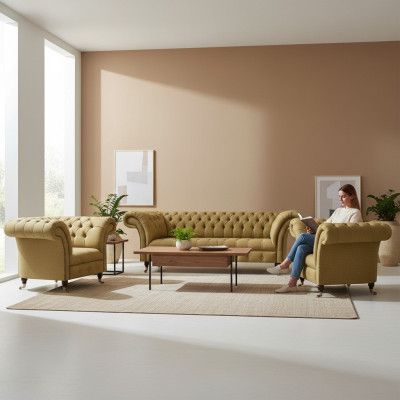 Gelb Wohnzimmer Set Komplett 2x Sessel Chesterfield Dreisitzer Sofa Couch