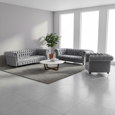 Luxus Set 3tlg Sofagarnitur Wohnzimmer Chesterfield Grau Einrichtung Neu