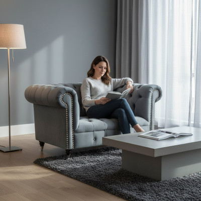 Wohnzimmer Grau Sessel Chesterfield Polster Sitz Möbel Neu Textil