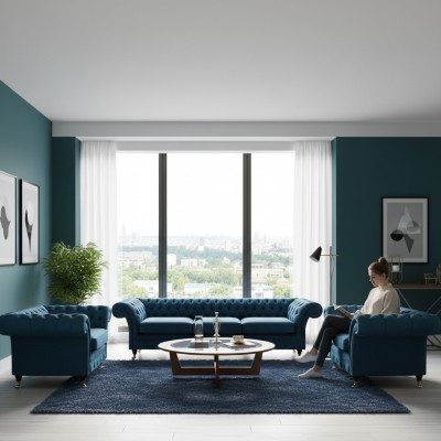 Luxus Blau Wohnzimmer Set Chesterfield Einrichtung Polstermöbel Sofas Textil