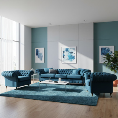 Luxus Blau Wohnzimmer Set Chesterfield Einrichtung Polstermöbel Sofas Textil