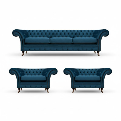 Luxus Blau Wohnzimmer Set Chesterfield Einrichtung Polstermöbel Sofas Textil