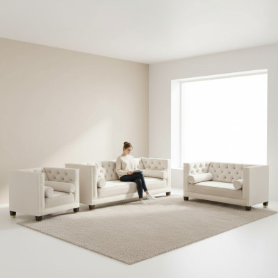 Weiß Sofagarnitur Textilsofa Wohnzimmer Luxus 3+2+1 Einrichtung Chesterfield