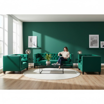 Luxus Grün Chesterfield Design Garnitur 3tlg Sofas Couch Wohnzimmer 3+2+1