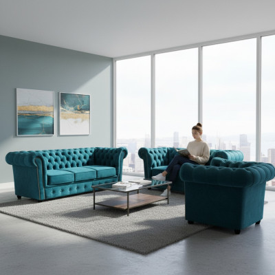 Sofagarnitur Modern Textil Sessel 2x Sofas Chesterfield Wohnzimmer 3+2+1