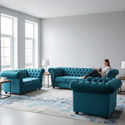 Blau Neu Sofa Set 3tlg Modern Textil Chesterfield Wohnzimmer Komplett