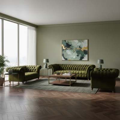 Komplett Grün Sofas Set Sofagarnitur Luxus Textil Einrichtung Chesterfield