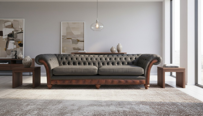 Grau Chesterfield Polstermöbel Sofa Couch Zweisitzer Wohnzimmer Textil Neu