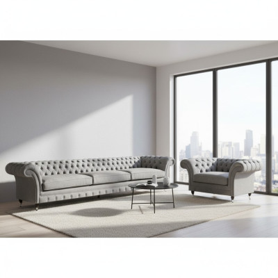 Garnitur Grau Möbel Sofagarnitur Sofa Dreisitzer Luxus Sessel Chesterfield