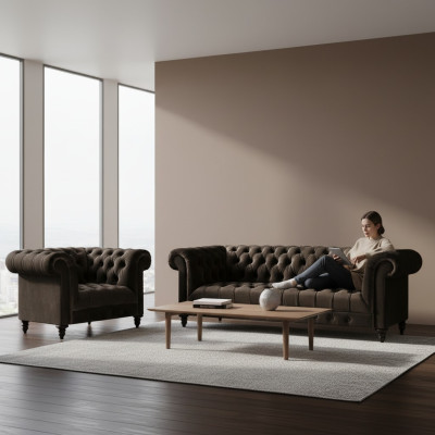 Braune Chesterfield Polster Garnitur Designer 3-Sitzer Textil Sessel 2tlg