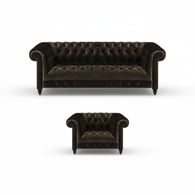 Braune Chesterfield Polster Garnitur Designer 3-Sitzer Textil Sessel 2tlg