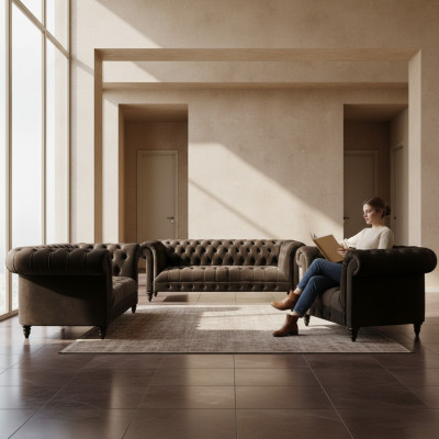 Stilvolle Chesterfield Braune Sofagarnitur Wohnzimmer Moderne Couchen